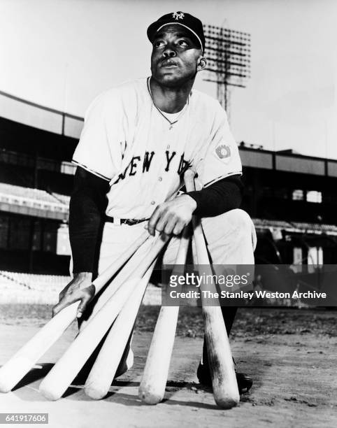 Monte Irvin, left fielder and first baseman of the New York Yankees, poses for a portrait, circa 1950.