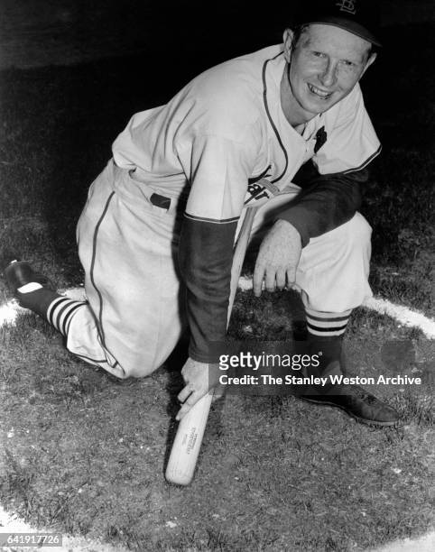 Red Schoendienst, second baseman for the St. Louis Cardinals, poses in the on deck circle for a photo at in 1948.