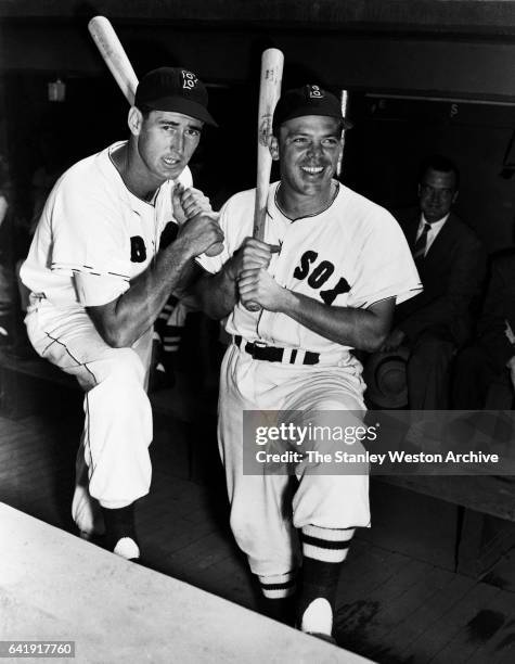 Ted Williams and Vern Stephens of the Boston Red Sox pose for a portrait, circa 1950.