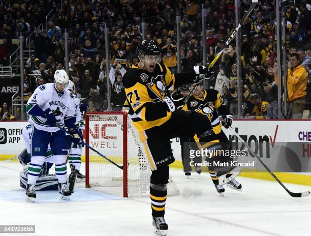 Evgeni Malkin of the Pittsburgh Penguins celebrates after scoring a goal against the Vancouver Canucks at PPG PAINTS Arena on February 14, 2017 in...