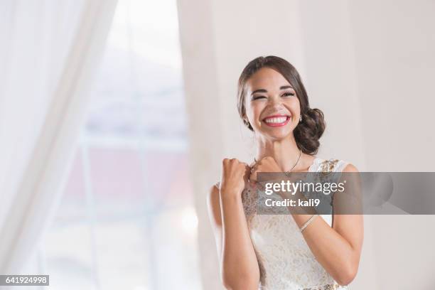 young mixed race woman in white dress - prom dress stock pictures, royalty-free photos & images