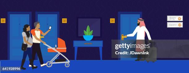 modern hotel scene - family with young adults diversity stock illustrations