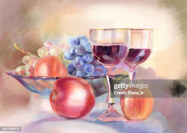 still life painted pastel. grapes and apple. two glasses with wine and fruit - fruit bowl stock illustrations