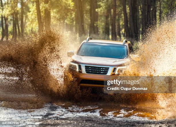 off-road vehicle in muddy water - fyrhjulsdrivet fordon bildbanksfoton och bilder