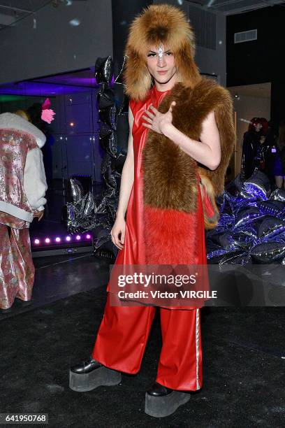 Model poses at the Adrienne Landau presentation during New York Fashion Week Fall Winter 2017-2018 on February 14, 2017 in New York City.