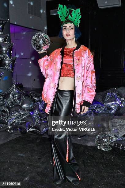 Model poses at the Adrienne Landau presentation during New York Fashion Week Fall Winter 2017-2018 on February 14, 2017 in New York City.