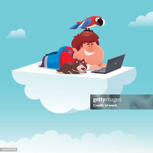 kid with pets using computer - floating laptop stock illustrations