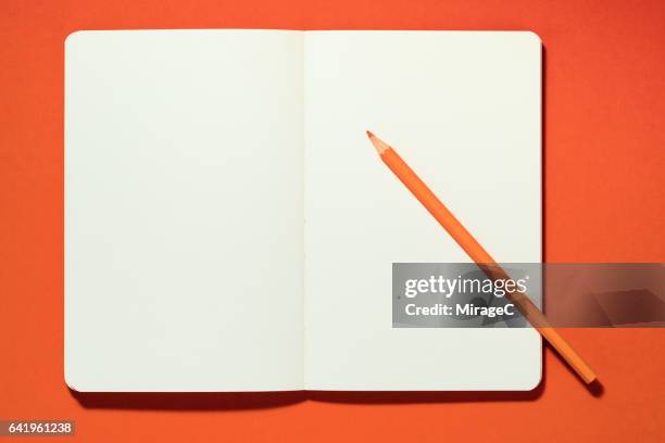 pencil and notebook - blank pages in open book overhead view stock pictures, royalty-free photos & images
