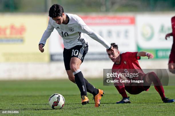 Elias Abouchabaka of Germany U17 challenges Afonso Sousa of Portugal U17 during the U17 Algarve Cup Tournament Match between Portugal U17 and germany...