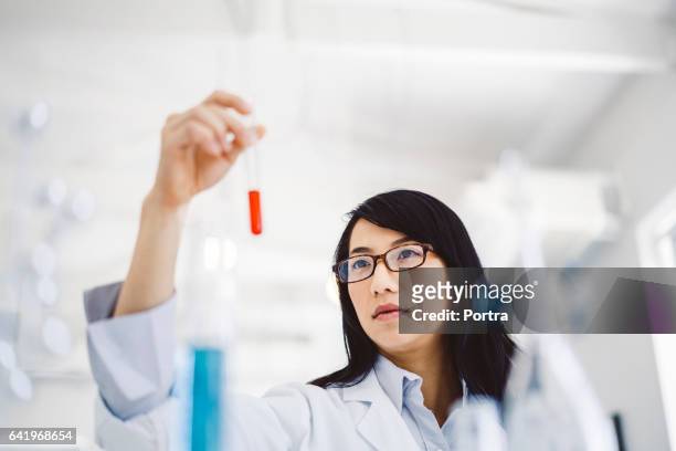 female scientist analyzing sample in test tube - red tube stock pictures, royalty-free photos & images