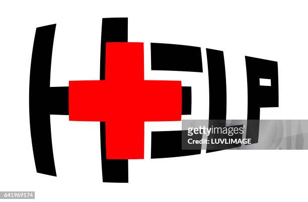 the word help with red cross symbol embedded. - help engels woord stockfoto's en -beelden