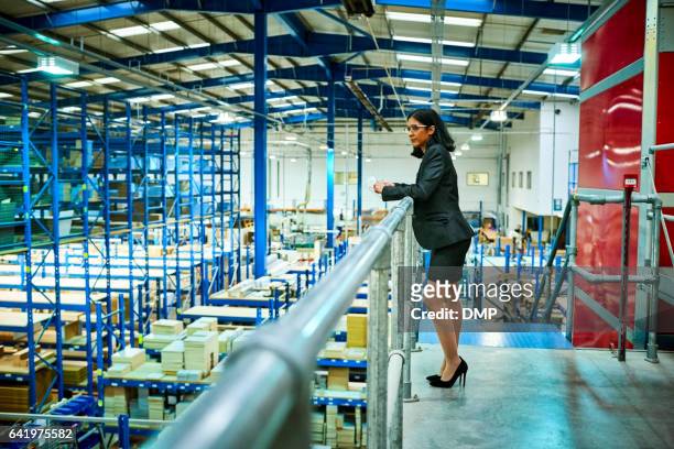 business-frau stehend in fabrik-balkon - indian engineer stock-fotos und bilder