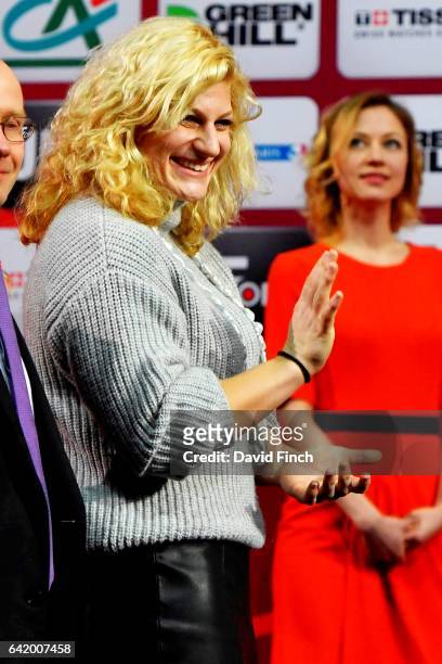 Double Olympic and world judo champion, Kayla Harrison of the USA waves to a fan before presenting the u100kg medals during the 2017 Paris Grand Slam...