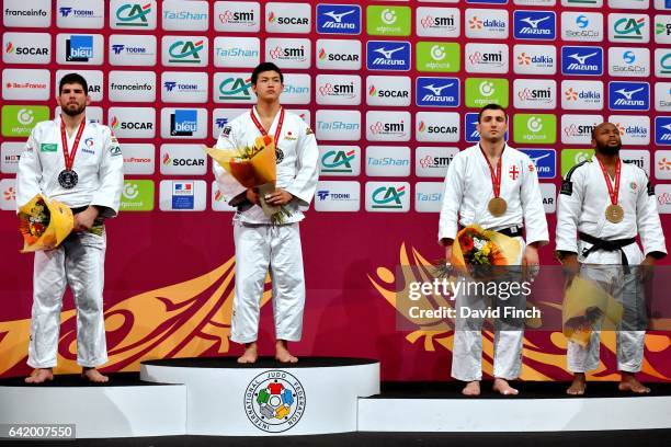 Under 100kg medallists L-R: Silver; Cyrille Maret of France, Gold; Kentaro Iida of Japan, Bronzes; Jorge Fonseca of Portugal and Varlam Liparteliani...