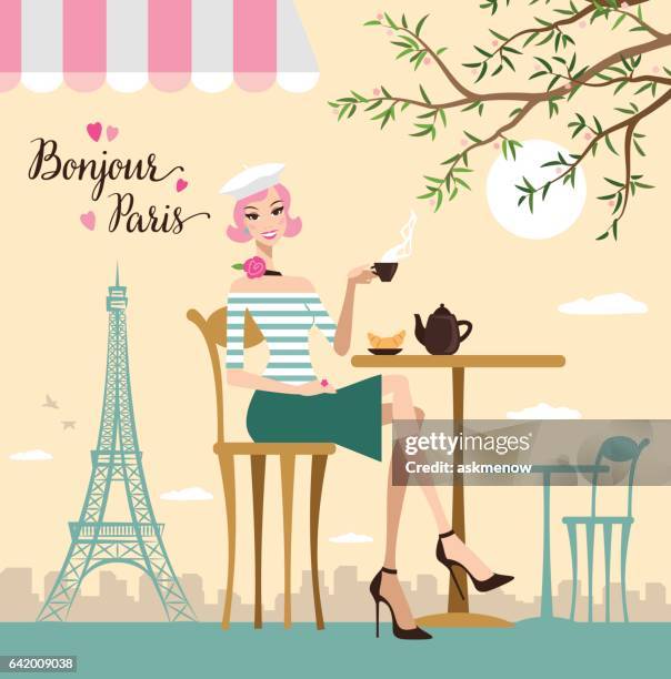 ilustrações de stock, clip art, desenhos animados e ícones de mulher jovem em paris - mesa cafe manha