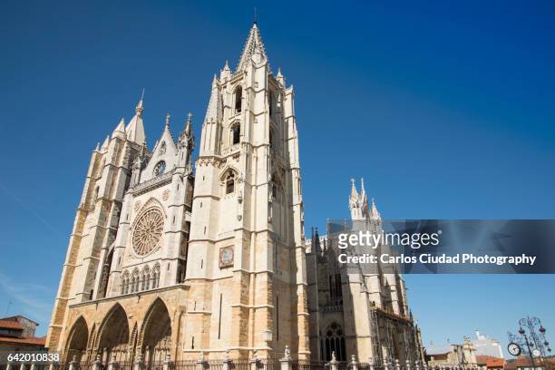 low angle view of the cathedral of leon, castile and leon, spain - león province spain stock pictures, royalty-free photos & images