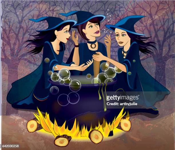 three witches from macbeth - cauldron stock illustrations