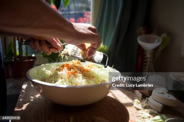 man making home fermented sauerkraut: grating ginger - sauerkraut stock pictures, royalty-free photos & images
