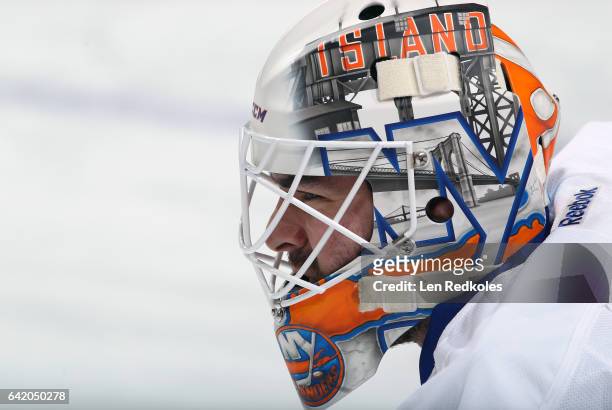 Jean-Francois Berube of the New York Islanders looks on during warm-ups prior to his game against the Philadelphia Flyers on February 9, 2017 at the...
