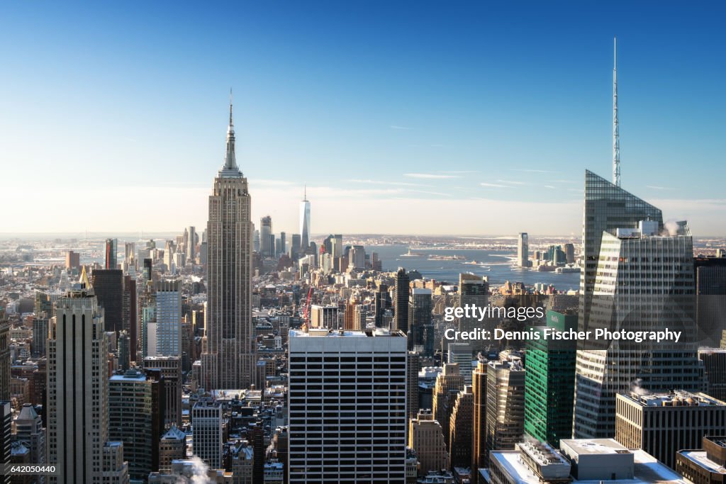 New York City skyline in winter with snow