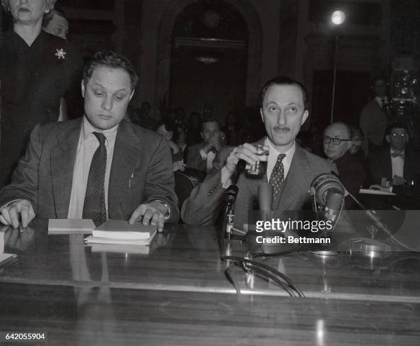 Today's session before the Senate Investigations Subcommittee grew heated when Chairman McCarthy threatened to remove Leonard B. Boudin, left, the...