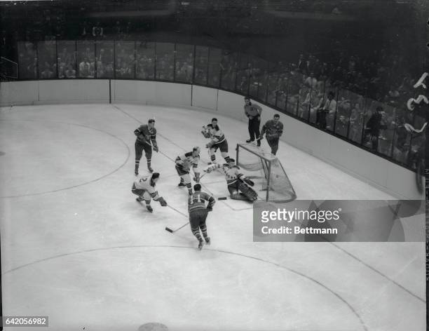 Ranger Goalie Lorne Worsley loses his balance as the Montreal Canadiens chalk up a goal in first period action at Madison Square Garden. The goal was...