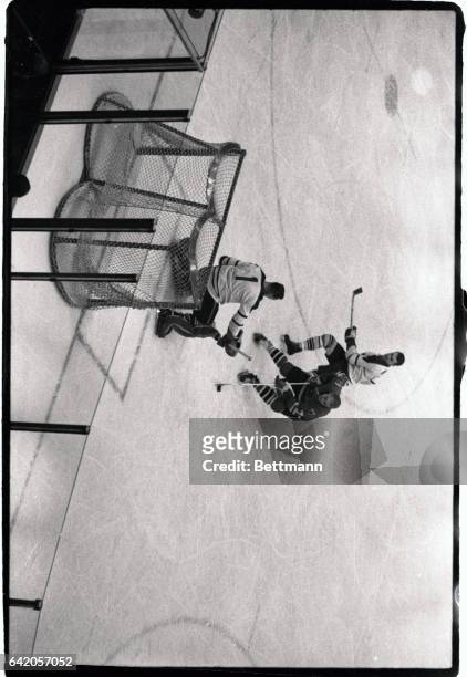 Bobby Hull , Chicago Black Hawks, skates into position for a quick shot at the net of Toronto in first period action here 1/24 after stealing the...