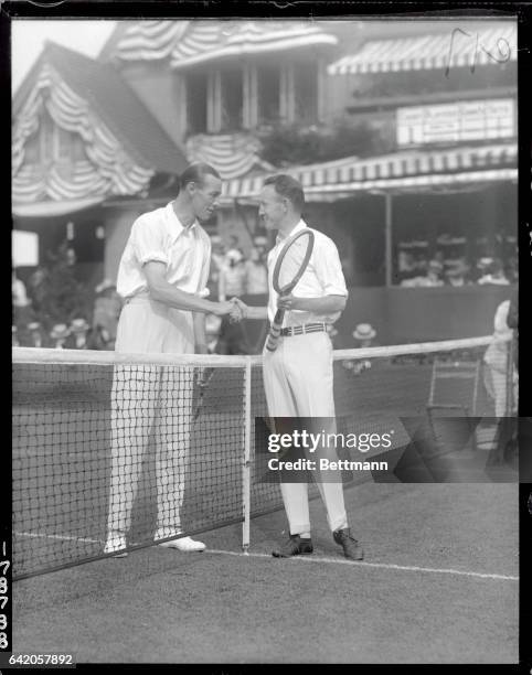September 1, 1922. The Davis Cup Finals at Forest Hills. The loser congratulates the winner at Forest Hills. Johnston and Anderson shaking hands.
