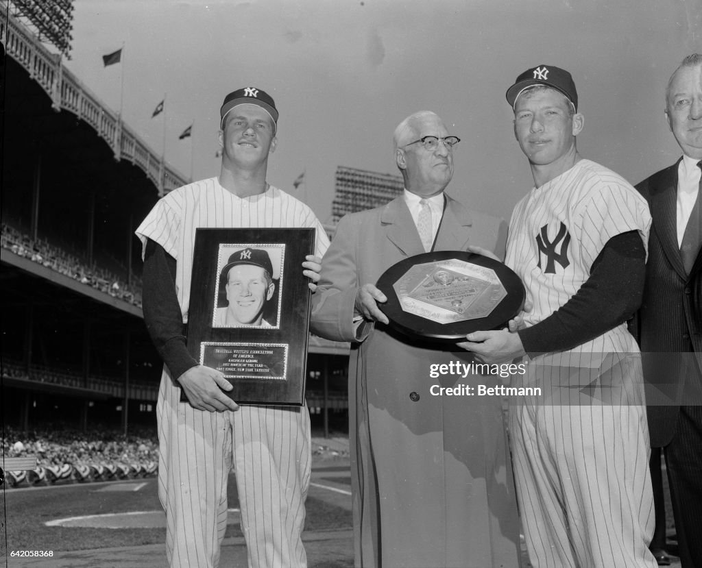 Mickey Mantle and Tony Kubek Holding Awards