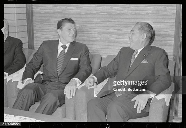 Reagan Meets with Japanese Prime Minister. Tokyo, Japan: Governor Ronald Reagan of Calif. Chats with Japanese prime minister Eisaku Sato at his...