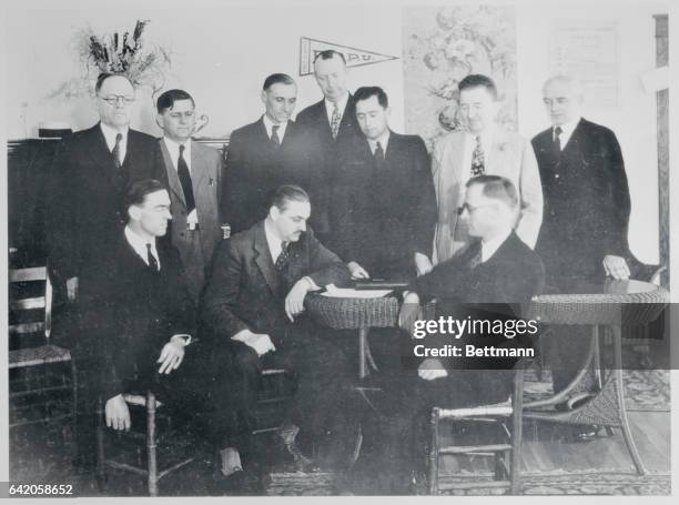 Ministerial association in Scottsboro case...Members of the Ministerial Association of Decatur, Alabama, are seen here as they prepared facts in...