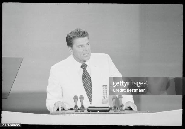 Miami Beach, Florida: Governor Ronald Reagan of California, delivering a first hard-hitting speech of the GOP convention, accuses Democratic nominee...