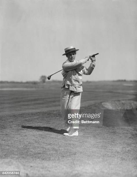 Following negatives made at the Women's National Golf Championship Tournament, at the Nassau County Club. Photo shows Miss Elaine Rosenthal driving.