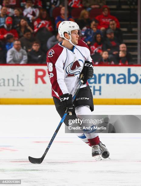 Cody Goloubef of the Colorado Avalanche skates in the second-period during the game against the New Jersey Devils at Prudential Center on February...