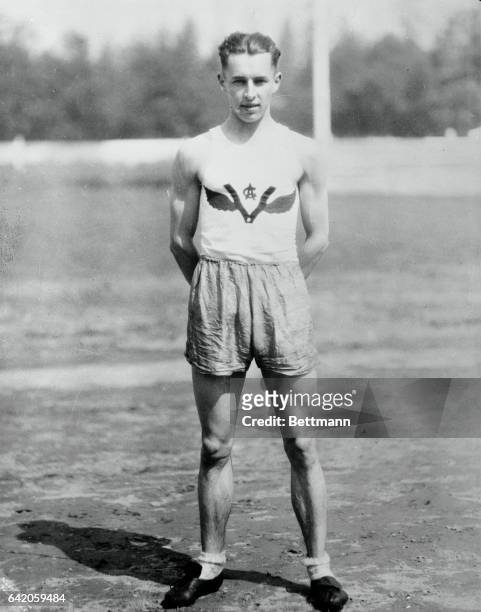 Photo shows a full length of Percy Williams, 100-200 meter olympic star. Filed 8/7/1928.