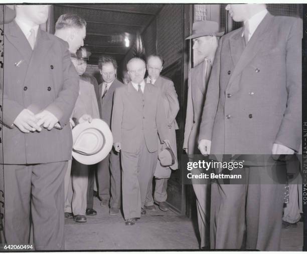 New York, New York: Well-Guarded Molotov Arrives In New York. Soviet Foreign Minister V. M. Molotov, completely surrounded by staff of bodyguards is...