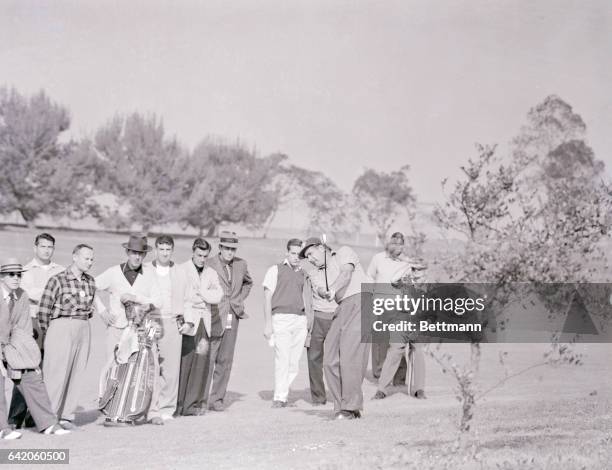 Lloyd Mangrum comes out of the rough on the sixteenth hole during the first round of the Los Angeles Open Golf Tournament. Mangrum led the field all...