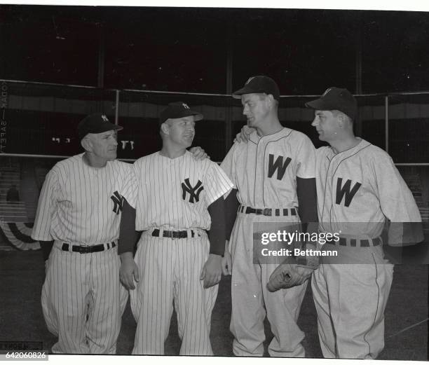 Before start of opening game at Yankee Stadium today between Yanks and Senators, New York's Manager Cases Stengel; his starting pitcher Ed Lopat;...