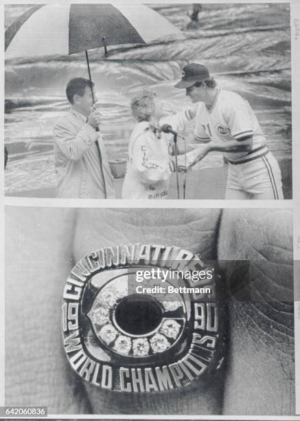 Cincinnati, Ohio: Reds owner Marge Schott presents the official World Series ring to Paul O'Neill in a formal ring presentation before the start of...