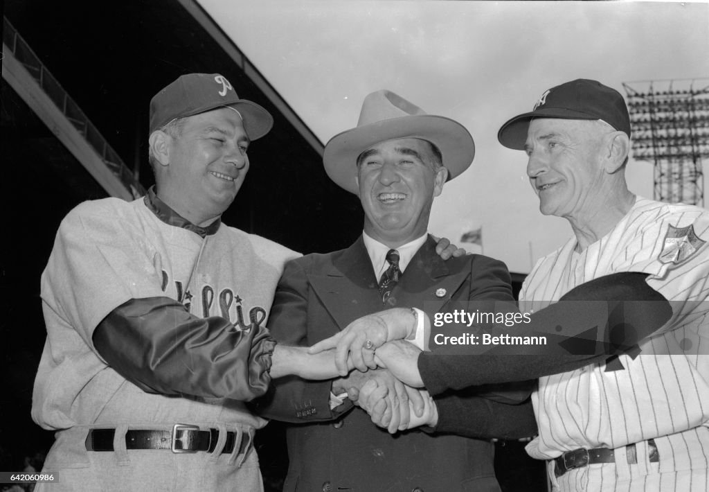 Casey Stengel with A.B. Chandler and Eddie Sawyer