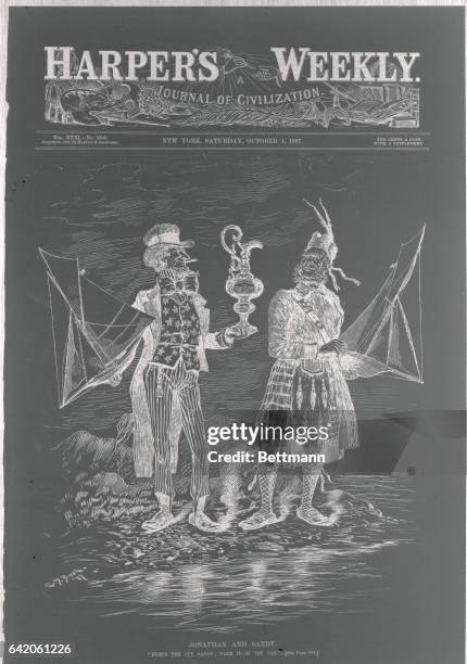 Cover of Harper's Weekly, October 1, 1887. Illustration depicting the fight over the "America's" Cup, Jonathan and Sandy. "Here's the cup, Sandy....