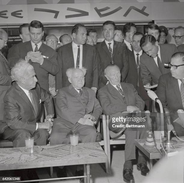 Left to right, seated: Former Israeli Prime Minister David Ben-Gurion, former West German Chancellor Konrad Adenauer, and Foreign Minister Abba Eban...