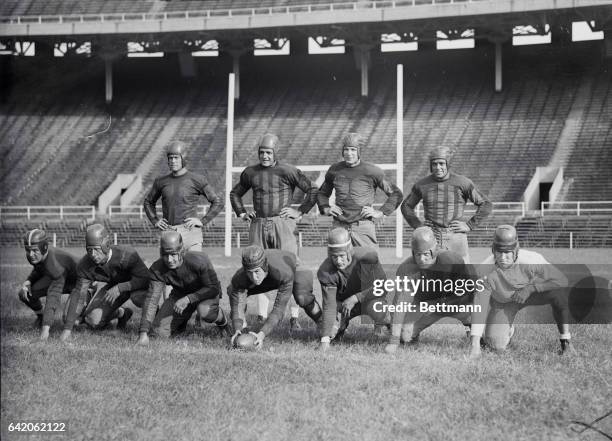 Photo shows varsity team of the University of Pennsylvania, left to right: backfield, E.D. Lewis, Burlington, New Jersey; Carl Perina, Irvington, New...