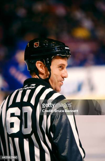 Linesman Pat Dapuzzo skates on the ice during an NHL game with the New York Rangers circa 2004 at the Madison Square Garden in New York, New York.