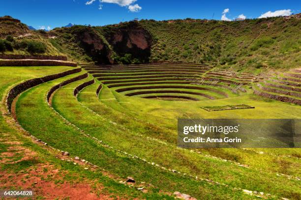 historic inca terraces of moray on spring afternoon, peru - moray inca ruin stock pictures, royalty-free photos & images