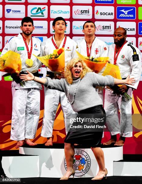 Under 100kg medallists L-R: Silver; Cyrille Maret of France, Gold; Kentaro Iida of Japan, Bronzes; Jorge Fonseca of Portugal and Varlam Liparteliani...