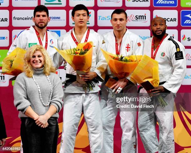 Under 100kg medallists L-R: Silver; Cyrille Maret of France, Gold; Kentaro Iida of Japan, Bronzes; Jorge Fonseca of Portugal and Varlam Liparteliani...