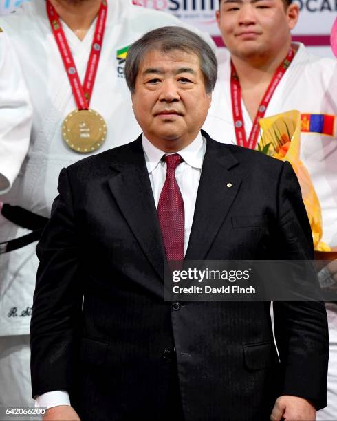 Former World and Olympic champion and President of the Japanese Judo Association, Haruki Uemura of Japan presented the over 100kg medals during the...