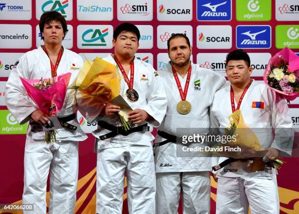 Over 100kg medallists L-R: Silver; Ryu Shichinohe of Japan, Gold; Takeshi Ojitani of Japan, Bronzes; Duurenbayar Ulziibayar of Mongolia and Rafael...