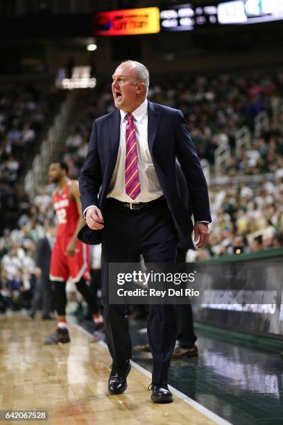 Head coach Thad Matta of the Ohio State Buckeyes reacts during the game against the Michigan State Spartans in the second half at the Breslin Center...